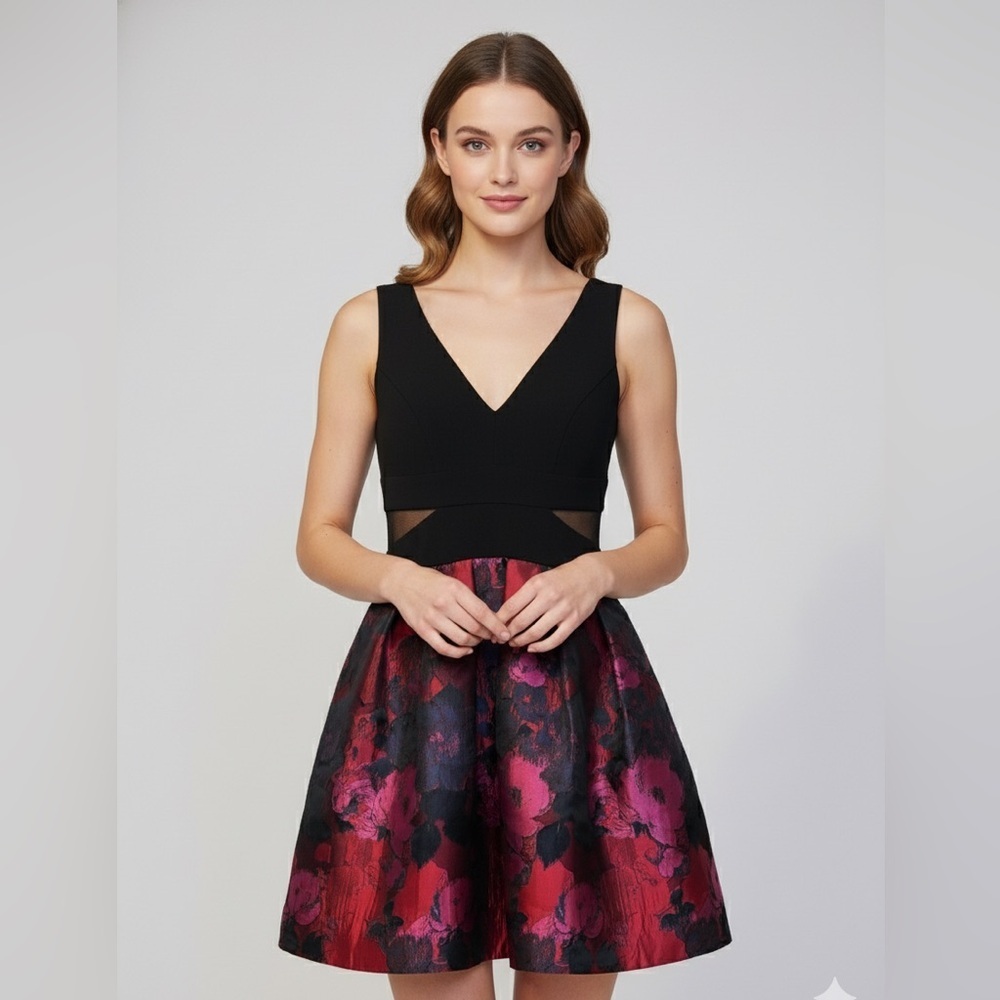 GORGEOUS Xscape Black and Pink Floral Mini Dress Holiday Party Festive size 6